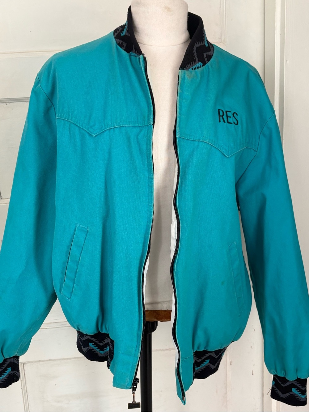 Vintage 90s Walls Teal Canvas Western Bomber Jacket L